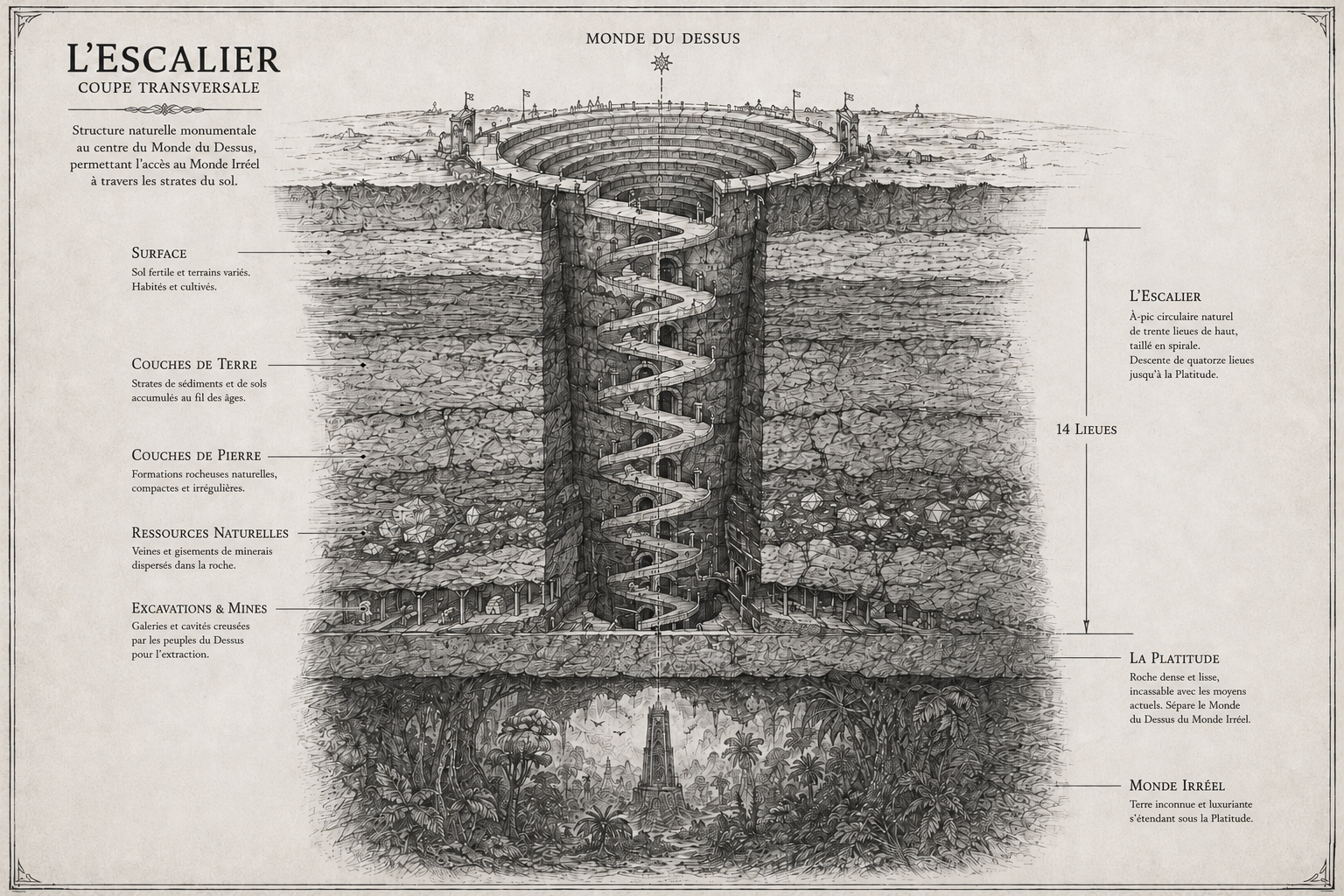 Coupe transversale de L'Escalier — Monde du Dessus, couches de terre, Platitude et Monde Irréel